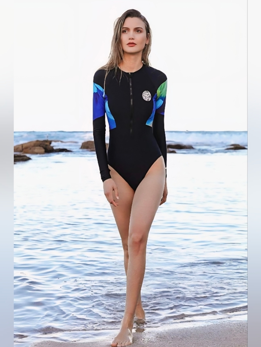 Long-Sleeve One-Piece Swimsuit in Black with Blue/Green Accents Sz 10 Rashguard